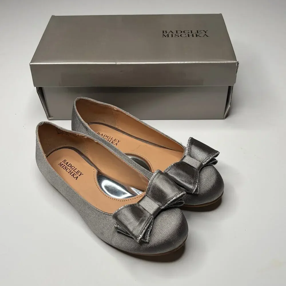 Badgley Mischka Amber Glitzy Bow Silver Ballet Flats Girls Size 12